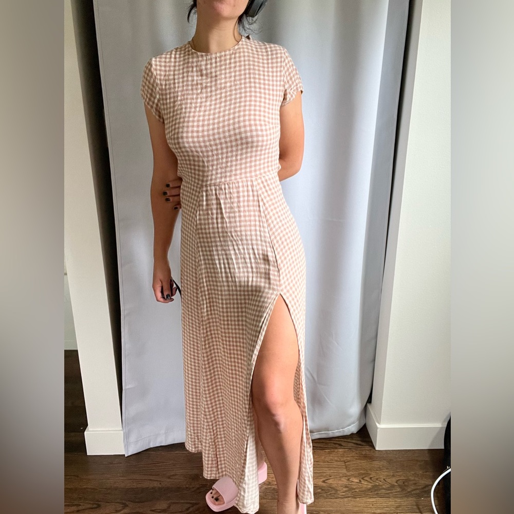 UO cream gingham open back maxi dress